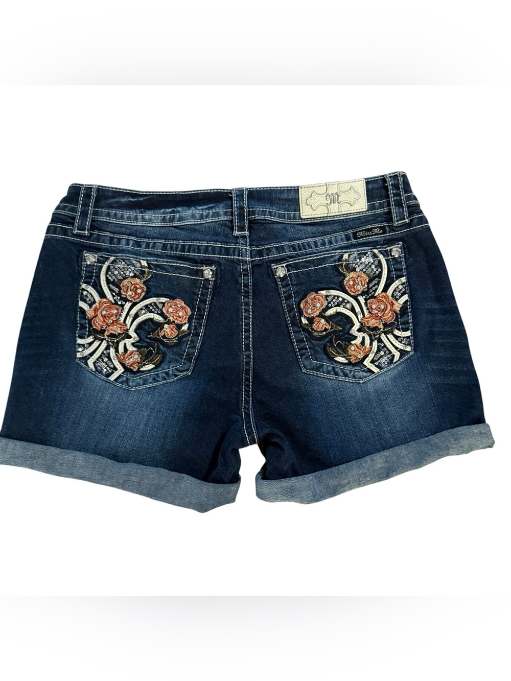 Miss Me Indigo Denim Shorts with Rose Embroidery
